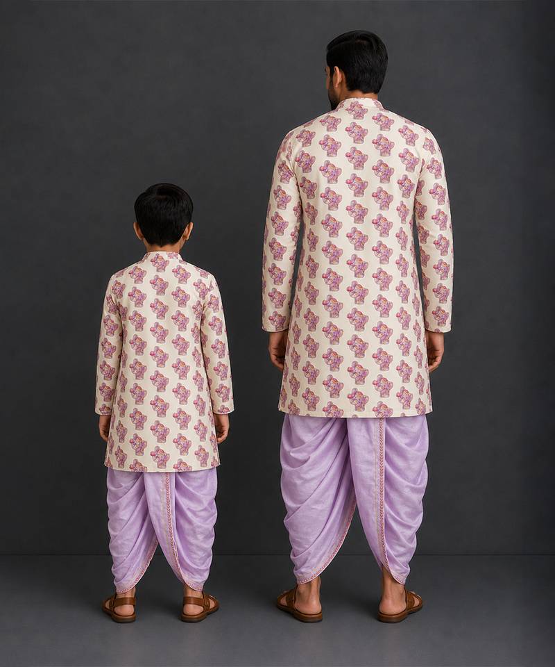 Off white purple printed cotton silk dhoti kurta set