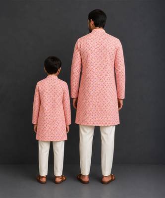 Peach pink printed cotton silk Men Kurta Set 2