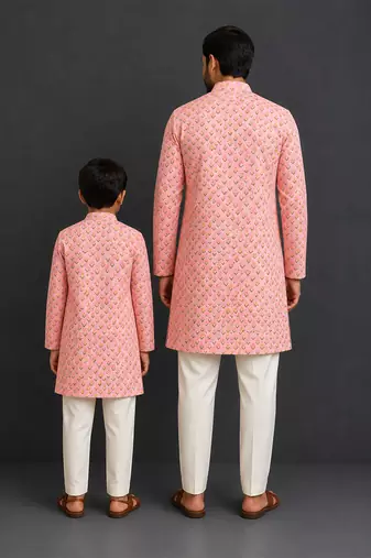 Peach pink printed cotton silk Men Kurta Set