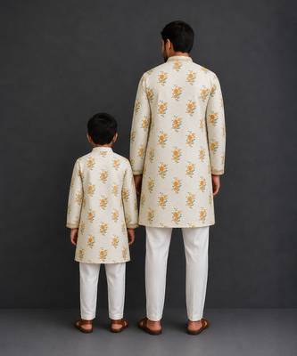 Off white yellow floral printed cotton silk Men Kurta Set 2