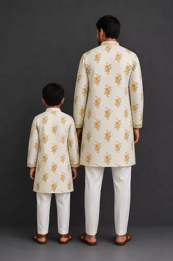 Off white yellow floral printed cotton silk Men Kurta Set