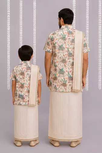 Off white printed cotton silk mundu shirt set