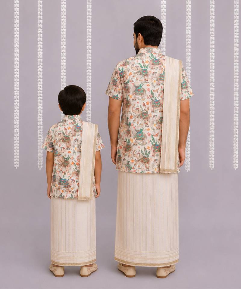 Off white printed cotton silk mundu shirt set