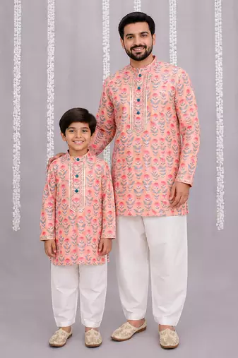 Peach pink printed cotton silk Men Kurta Set
