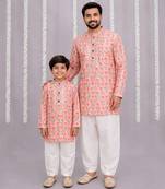 Peach pink printed cotton silk Men Kurta Set