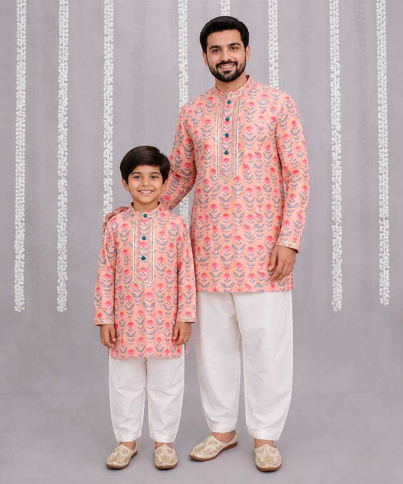 Peach pink printed cotton silk Men Kurta Set
