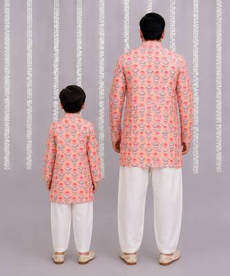 Peach pink printed cotton silk Men Kurta Set 2