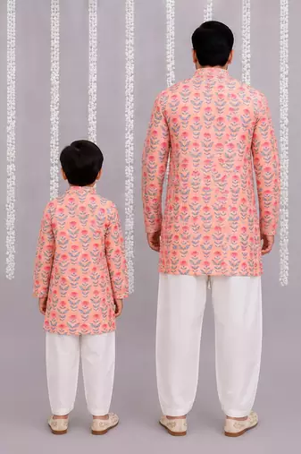 Peach pink printed cotton silk Men Kurta Set