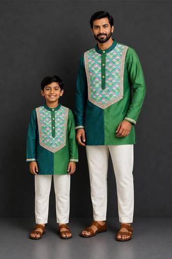 Bottle green teal printed cotton silk kurta set