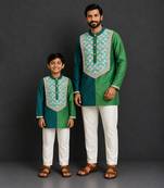 Bottle green teal printed cotton silk Men Kurta Set