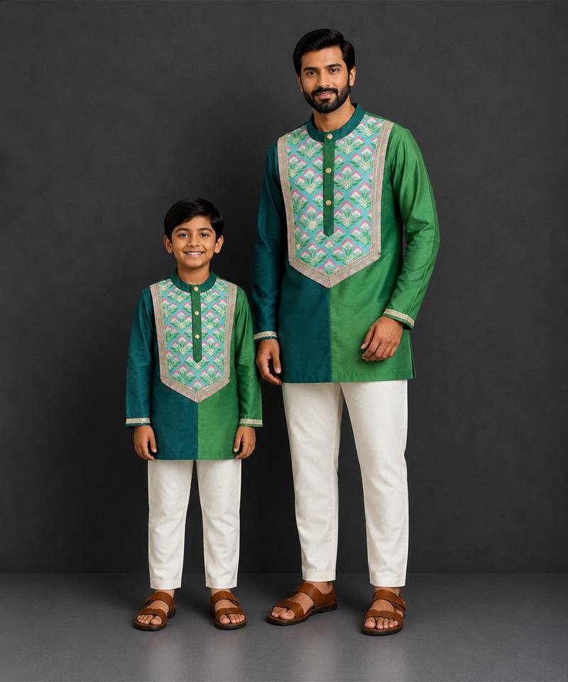 Bottle green teal printed cotton silk Men Kurta Set