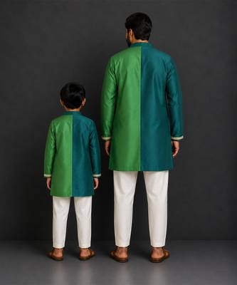 Bottle green teal printed cotton silk Men Kurta Set 2