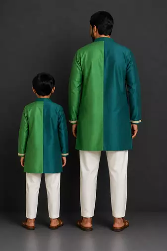 Bottle green teal printed cotton silk Men Kurta Set