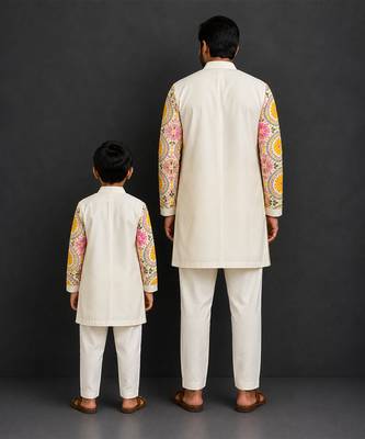 Off white yellow printed cotton silk Men Kurta Set 2