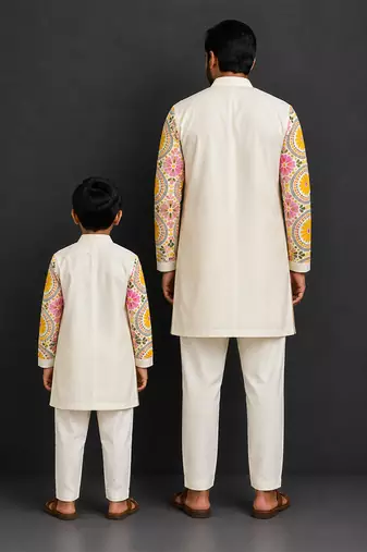 Off white yellow printed cotton silk Men Kurta Set