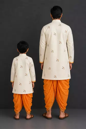 Ivory white printed cotton silk dhoti kurta set