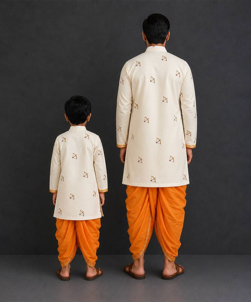 Ivory white printed cotton silk dhoti kurta set
