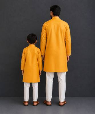 Mustard yellow woven cotton silk jacket styled Men Kurta Set 2