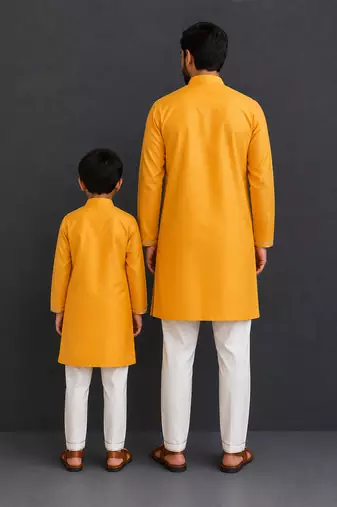 Mustard yellow woven cotton silk jacket styled Men Kurta Set