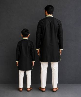 Mint green black embroidered cotton silk Men Kurta Set 2