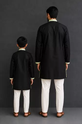 Mint green black embroidered cotton silk Men Kurta Set