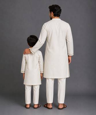 Off white teal printed cotton silk Men Kurta Set 2