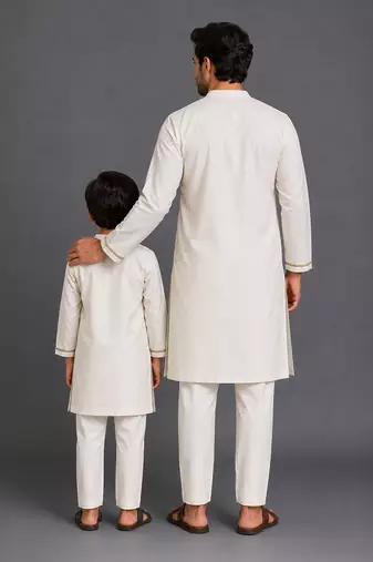 Off white teal printed cotton silk Men Kurta Set
