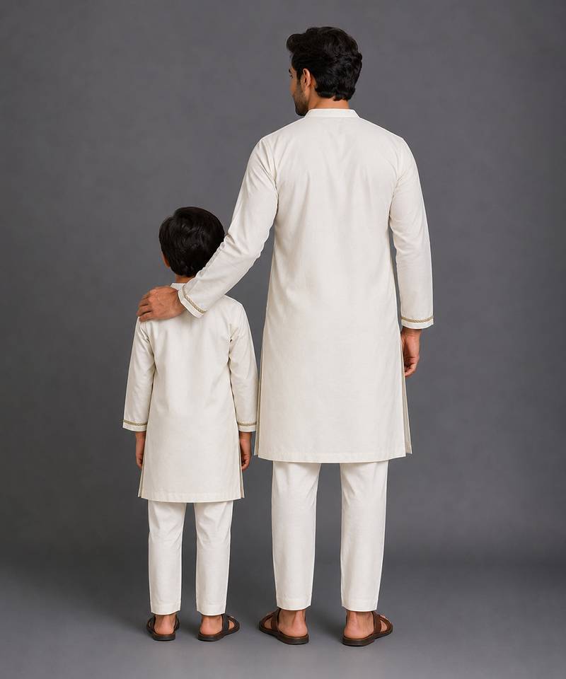 Off white teal printed cotton silk Men Kurta Set