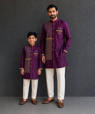 Grape purple embroidered cotton silk Men Kurta Set 1