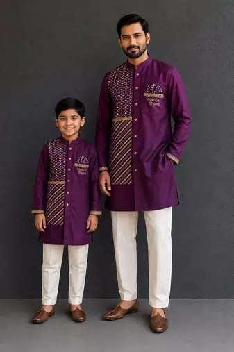 Grape purple embroidered cotton silk Men Kurta Set