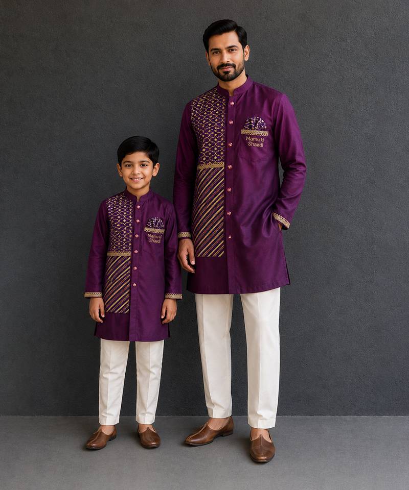Grape purple embroidered cotton silk Men Kurta Set