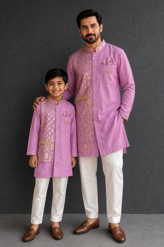 Lilac purple embroidered cotton silk Men Kurta Set