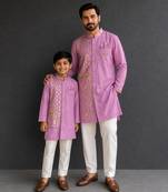 Lilac purple embroidered cotton silk Men Kurta Set