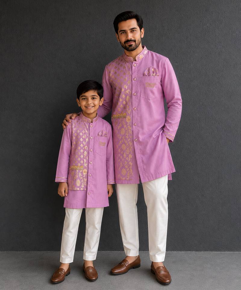 Lilac purple embroidered cotton silk Men Kurta Set