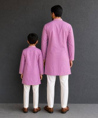 Lilac purple embroidered cotton silk Men Kurta Set 2