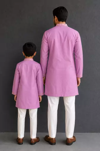 Lilac purple embroidered cotton silk Men Kurta Set