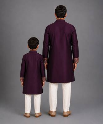 Royal purple embroidered cotton silk Men Kurta Set 2