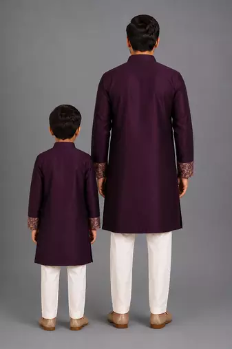 Royal purple embroidered cotton silk Men Kurta Set