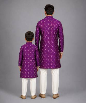 Magenta purple embroidered cotton silk Men Kurta Set 2