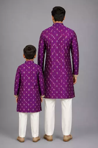 Magenta purple embroidered cotton silk Men Kurta Set