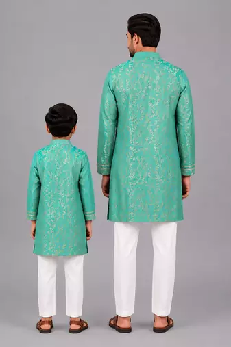 Turquoise blue embroidered cotton silk Men Kurta Set