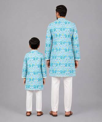 Sky blue floral printed cotton silk Men Kurta Set 2