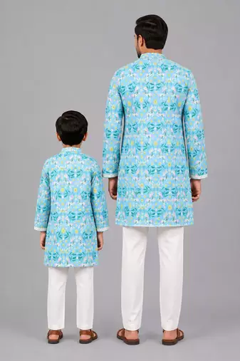 Sky blue floral printed cotton silk Men Kurta Set
