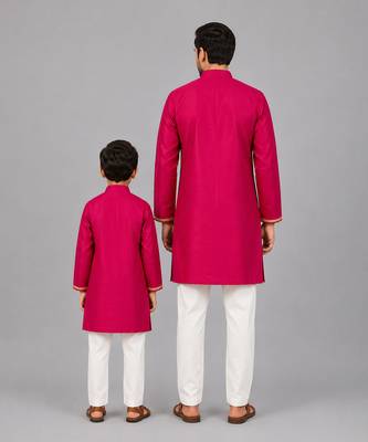Hot pink embroidered cotton silk Men Kurta Set 2