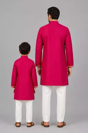 Hot pink embroidered cotton silk Men Kurta Set