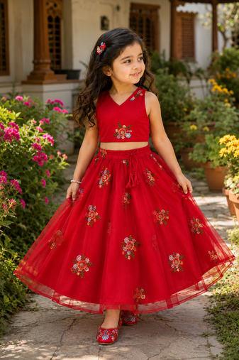 Girls Embroidered Ready to Wear Lehenga & Choli - Red