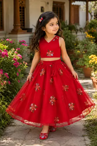 Girls Embroidered Ready to Wear Lehenga & Choli - Red