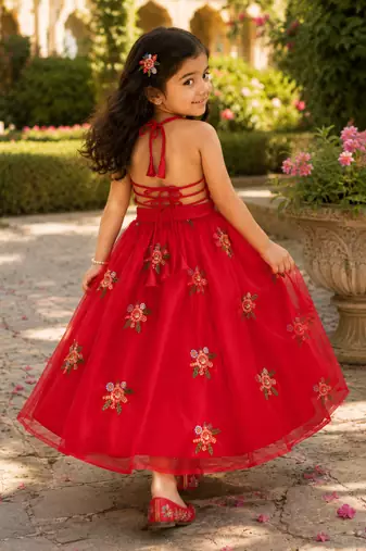 Girls Embroidered Ready to Wear Lehenga & Choli - Red
