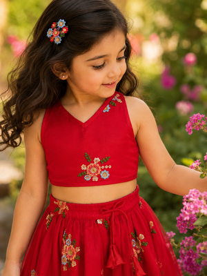 Girls Embroidered Ready to Wear Lehenga & Choli - Red 3