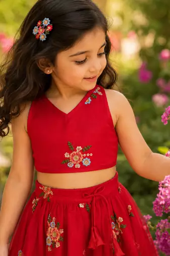 Girls Embroidered Ready to Wear Lehenga & Choli - Red